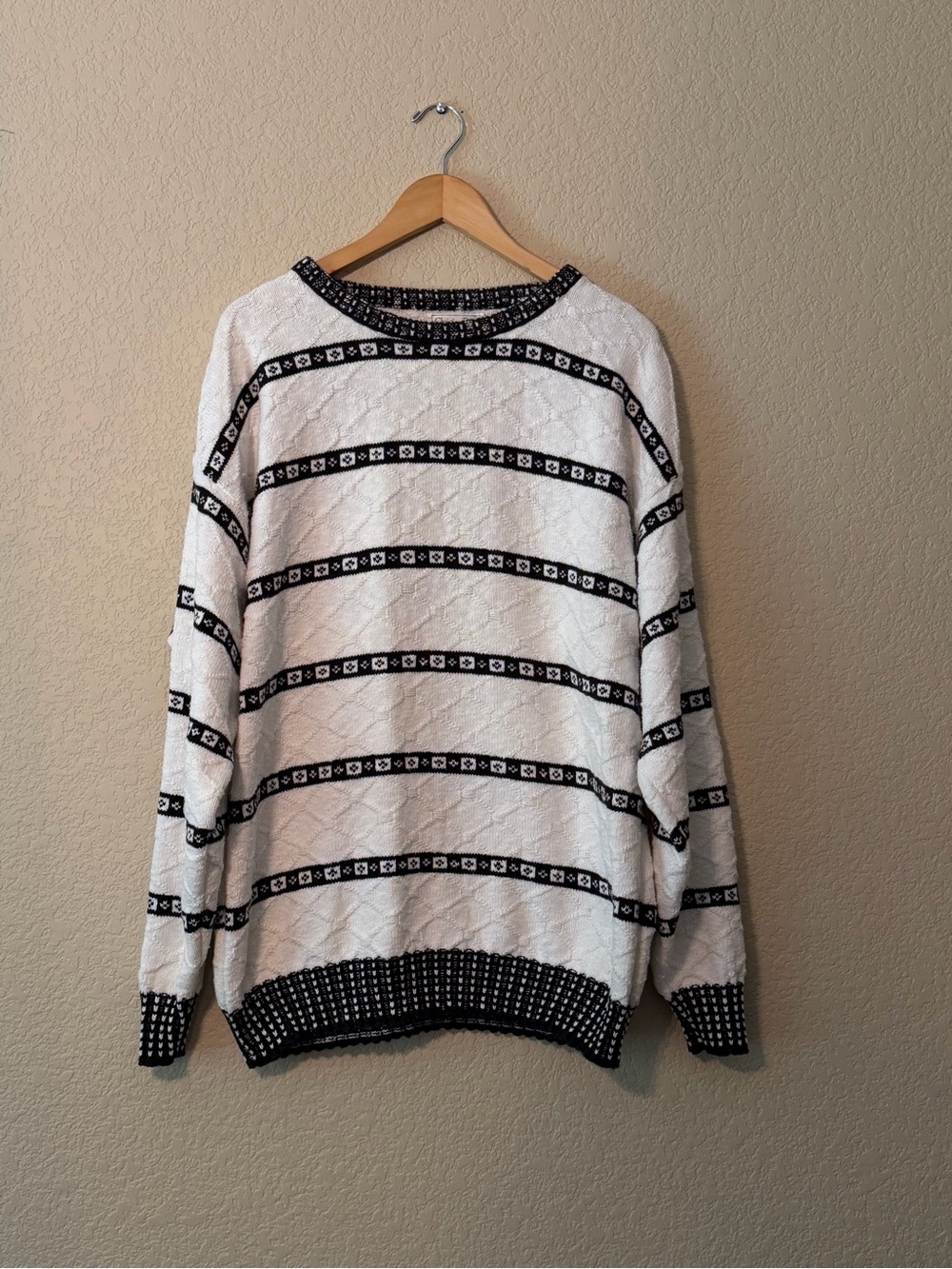 Vintage Christian Dior Men's White and Black Patterned Crewneck Sweater, XL